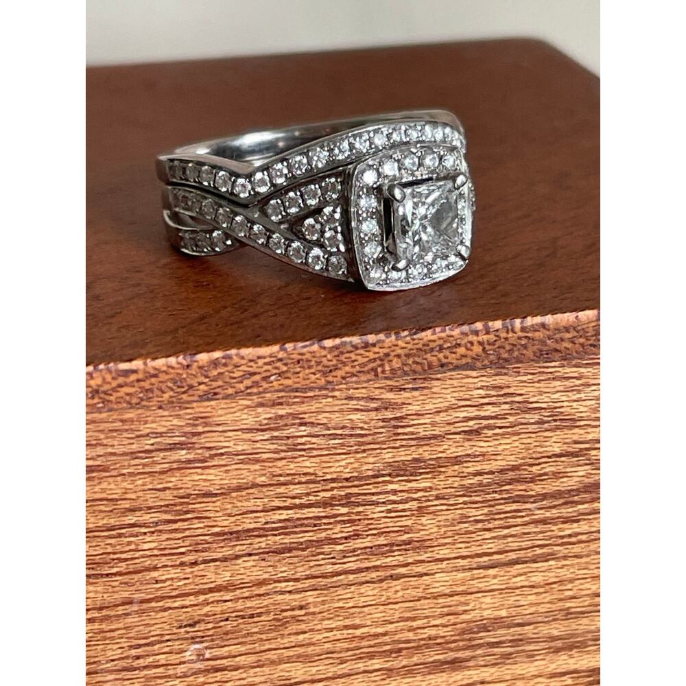 14 karat white gold, diamond halo engagement wedding ring set .61 center - Picture 3 of 16